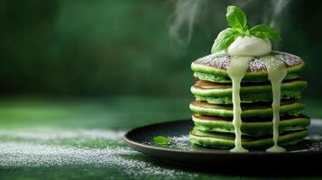 Plate of pancakes dusted with powdered sugar and topped with a green sauce for breakfast or dessert photo