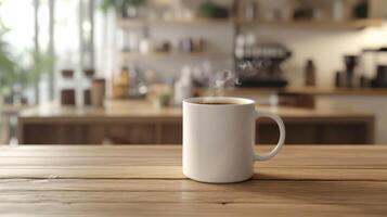 Cup of coffee placed on a rustic wooden table with natural light streaming in from the side photo