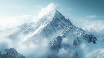 Snow covered mountain peak with clear blue sky and rocky landscape in the foreground photo