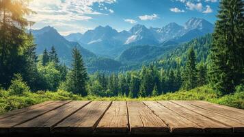 Wooden table with a scenic view of a mountain range under a clear blue sky photo