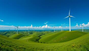 Panoramic View of Wind Turbines on Rolling Green Hills Under Deep Blue Sky photo