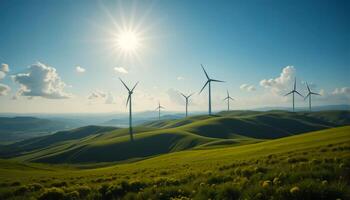 Modern Wind Energy Landscape with Turbines on Sunlit Hills and Light Cloud Cover photo