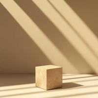 Simple Wooden Cube Resting on Beige Surface with Dramatic Windowpane Shadows photo