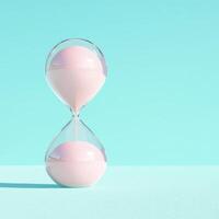 Pink Hourglass with Flowing Sand Measuring Time on Blue Background photo