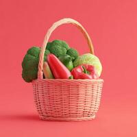 Wicker basket overflowing with fresh colorful vegetables on a plain red surface photo