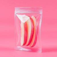 Fresh Red Apple Slices Sealed in a Clear Plastic Bag on Pink Surface Now photo