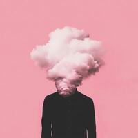 Person in Black Shirt with Head Obscured by a Fluffy Pink Cloud Mass photo