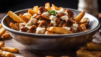Poutine perfection steaming fries topped with smooth gravy and cheese curds, served in a ceramic bowl with fresh herbs on top photo