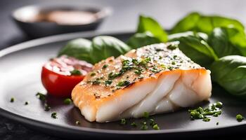 Studio shot of raw cod fillet and fresh basil on a textured stone slab. photo