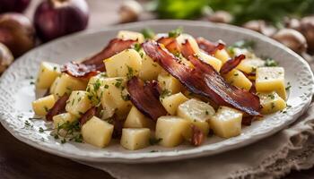 Savory potato salad with crispy bacon bits, sliced onions, and mustard vinegar dressing, served on plate photo