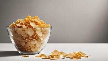 Flat lay composition with tasty corn flakes on white wooden table. Space for text photo
