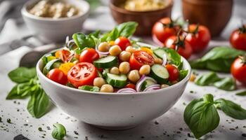 Wholesome chickpea salad with cherry tomatoes, crisp cucumbers, red onions, and basil in a citrus dressing photo