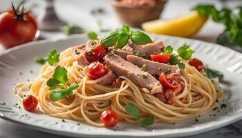 Bowl of spaghetti mixed with tuna and tomato basil sauce, garnished with chopped parsley photo