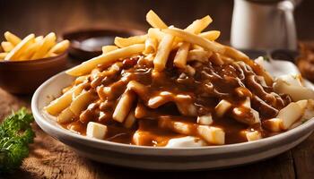 Warm and satisfying traditional poutine with fries smothered in homemade gravy and fresh curds, photographed on a dark rustic backdrop photo
