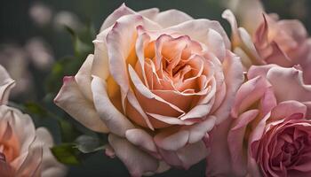 Delicate roses arranged in a bouquet, close-up with sunlit outdoor setting photo