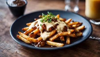 Delicious traditional poutine featuring hand-cut fries smothered in savory gravy and gooey cheese curds, styled on a wooden table photo