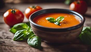 Healthy and wholesome tomato soup made with ripe tomatoes, garlic, and basil, served steaming in a deep soup bowl. photo
