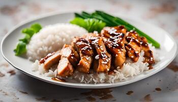 Healthy meal prep portion of teriyaki chicken and rice on a simple round plate, styled with a clean and modern look. photo