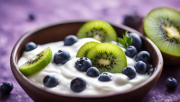 Elegant breakfast spread with Greek yogurt, kiwi slices, blueberries, and a drizzle of agave syrup, styled for a modern lifestyle shoot. photo