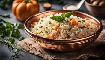 Fluffy basmati rice cooked with mixed vegetables and Indian spices, styled in a clay pot with steam rising in soft natural light photo