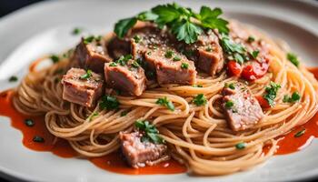 Spaghetti dish with chunks of tuna, tomato basil sauce, and parsley topping photo