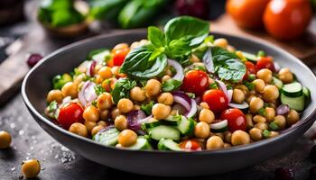 Zesty chickpea salad with cucumber slices, sweet tomatoes, onion slivers, and basil in citrus vinaigrette photo