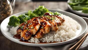 Rustic plate of homemade teriyaki chicken served over sticky rice, photographed with warm tones on a wooden table photo