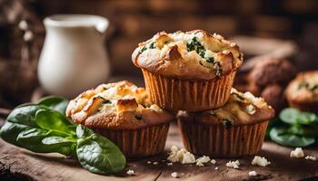 Fluffy muffins packed with spinach and feta cheese, perfect for snacking photo