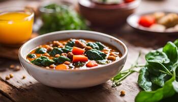 Top view of a flavorful lentil stew with spicy chorizo, nutritious spinach, and carrots photo