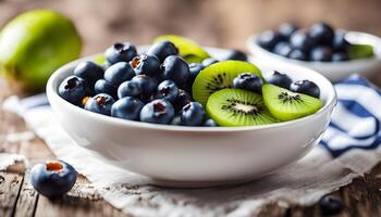 Overhead shot of a breakfast bowl filled with Greek yogurt, fresh blueberries, and kiwi, arranged neatly for a clean, modern look photo