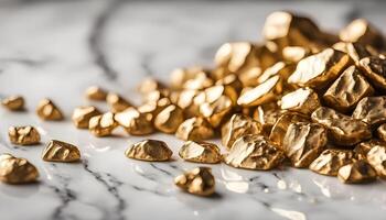 Pile of shiny gold nuggets on white marble table, flat lay. Space for text photo
