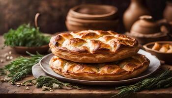 Traditional baked burek with flaky layers, styled in a rustic wooden setting photo