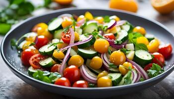 Fresh chickpea salad with cherry tomatoes, cucumber slices, basil, and onion, tossed in citrus dressing photo