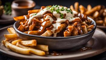 Gourmet poutine with crispy truffle fries, rich demi-glace gravy, and artisan cheese curds, styled for a modern twist on a Canadian classic photo