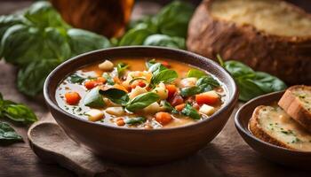 Top view of classic minestrone soup filled with colorful vegetables and pasta, served with cheesy grilled sourdough and basil. photo