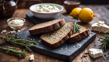 Gourmet pumpernickel slices with a tangy lemon and garlic feta dip, presented on a dark slate surface photo