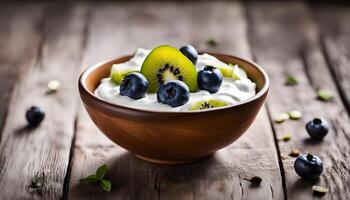 Greek yogurt bowl arranged with fresh blueberries and kiwi in a symmetrical pattern, captured in soft daylight on a rustic table photo