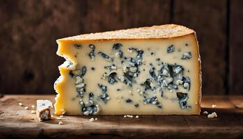 Close-up of a wedge of blue-veined Stilton cheese, placed on a rough wooden surface with crumbs and cracks adding charm. photo