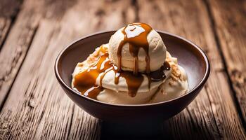 Tasty ice cream with caramel sauce in bowl on table photo