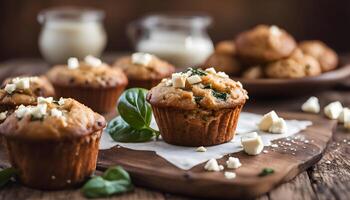 Freshly baked savory muffins with spinach and feta cheese photo