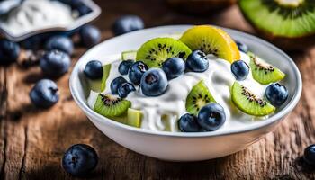 Fresh and fruity breakfast bowl of Greek yogurt with green kiwi wedges and plump blueberries on a rustic table photo