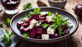 Artistic overhead shot of beetroot slices layered with feta cubes and sprinkled with chopped parsley, styled with rustic cutlery photo