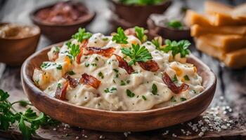 Sliced potatoes with bacon and onions, coated in apple cider vinegar and mustard dressing, plated to enjoy. photo