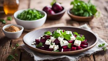 Simple and clean presentation of beetroot and feta cheese salad, garnished with parsley, with a light vinaigrette drizzle photo