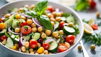 Crisp chickpea salad with tomatoes, cucumbers, basil leaves, and onion, dressed in citrus goodness photo