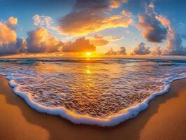 sunset over the ocean with waves and clouds photo