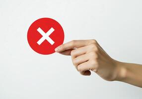A person pointing at a red circle with an x on it photo