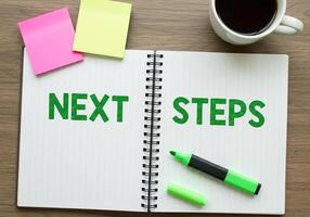 Next steps on notebook with coffee cup and pen photo