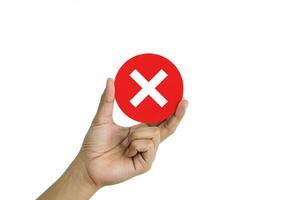A person holding up a red circle with an x on it photo