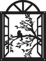 Silhouette of a Bird on a Branch Through an Open Window vector